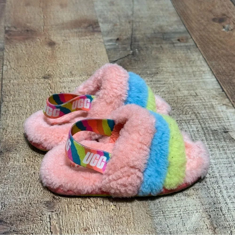 UGG FLUFF YEAH SLIDE LITTLE KID SIZE 8 PEACH BLISS MULTI SLINGBACK WOOL SANDAL
